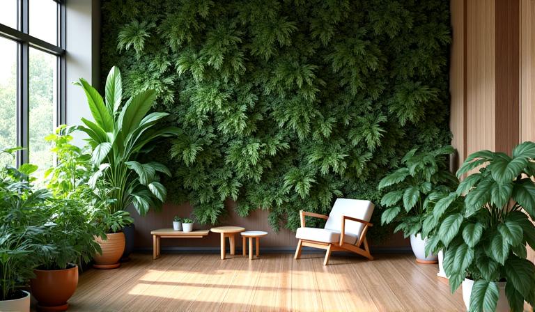 Biophilic design med grønne vegger, planter og naturlige materialer for økt velvære
