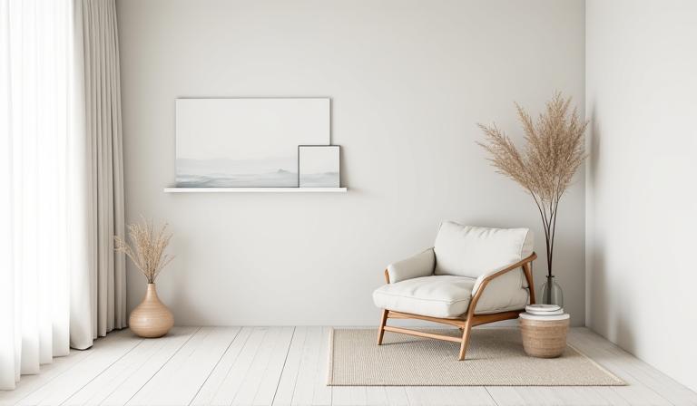 Minimalistisk skandinavisk interiør med harmoniske farger og romslig følelse