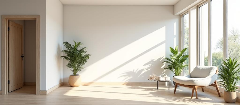 Bærekraftig belysningsplan i minimalistisk nordisk hjem med naturlig dagslys